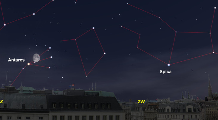 10 juli: Antares (Schorpioen) linksonder maan