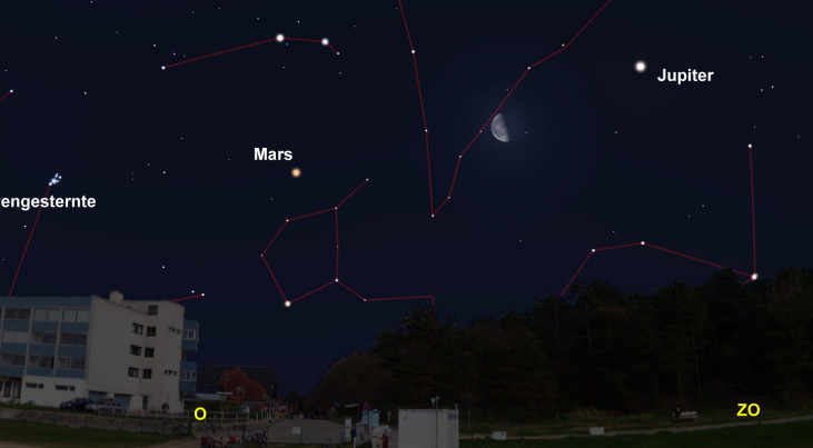 20 juli: Halve maan tussen Mars en Jupiter