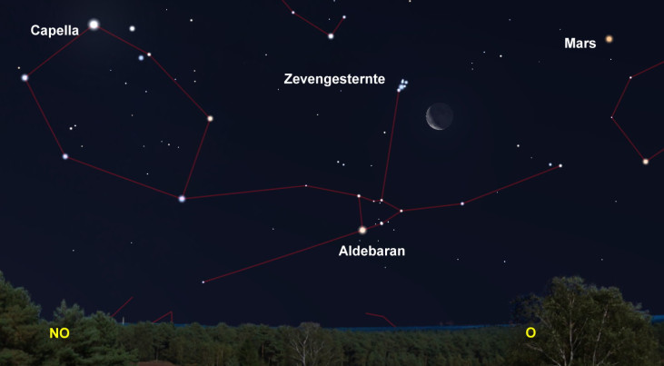 23 juli: Zevengesternte linksboven maan