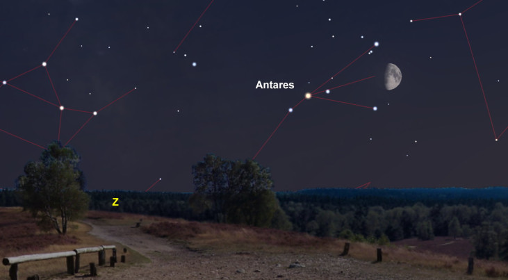 6 augustus: Antares (Schorpioen) links van maan