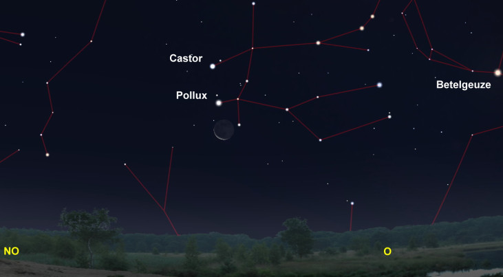 24 augustus: Maansikkel op lijn met Castor en Pollux