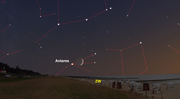 30 september: Antares (Schorpioen) links van maan