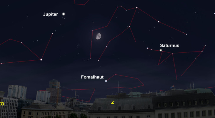 3 november: Jupiter linksboven maan, Saturnus rechts