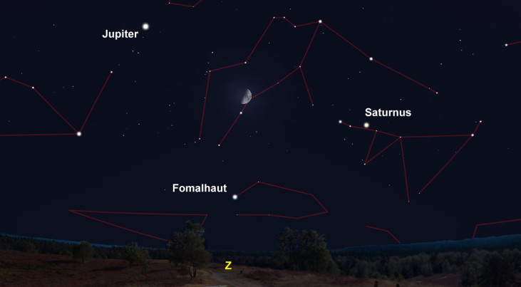 30 november: Eerste Kwartier: halve maan zichtbaar in begin van de nacht (avond)
