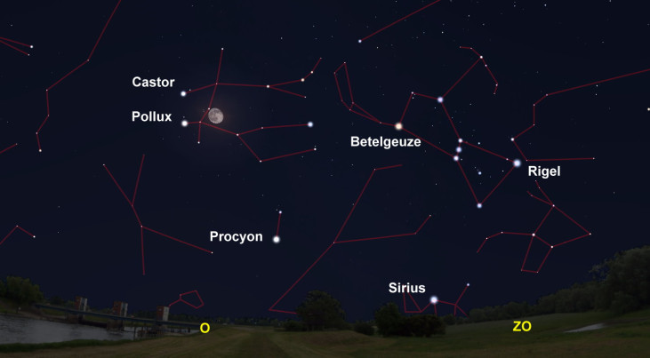 10 december: Castor en Pollux (Tweelingen) links van maan
