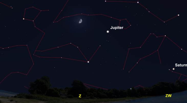 30 december: Jupiter rechtsonder halve maan