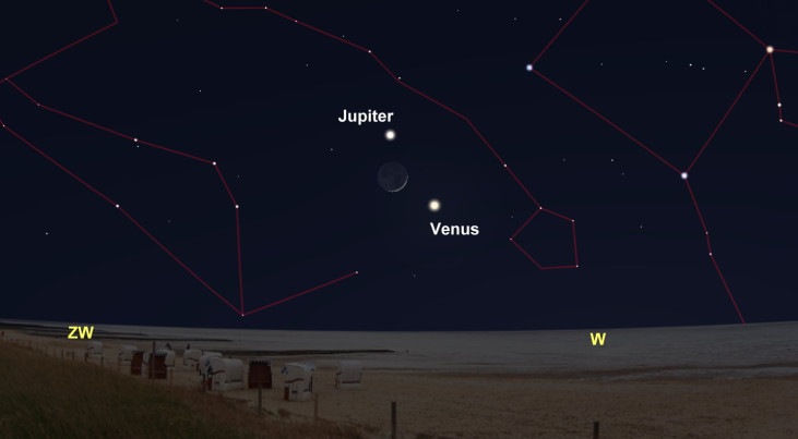 22 februari: Venus rechtsonder maansikkel, Jupiter erboven