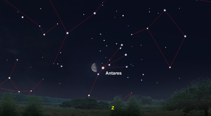 14 maart: Antares (Schorpioen) rechts van maan