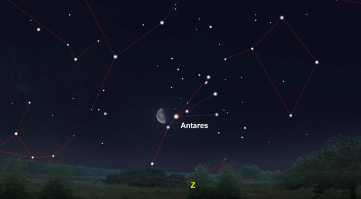 14 maart: Antares (Schorpioen) rechts van maan