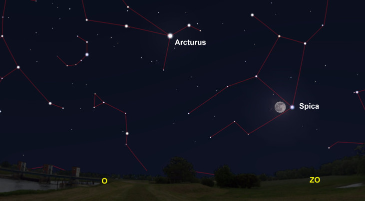 6 april: Spica (Maagd) rechts van volle maan