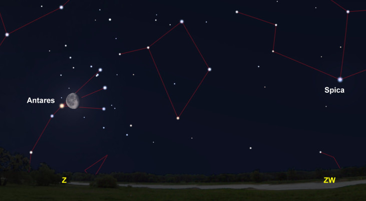 10 april: Antares (Schorpioen) links van maan