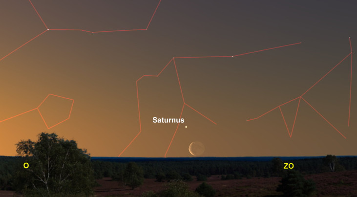 16 april: Saturnus linksboven maan