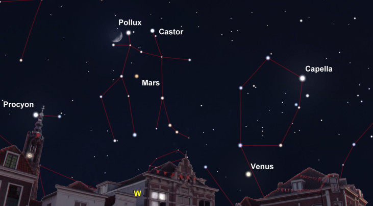 26 april: Maan bij Mars en Castor en Pollux