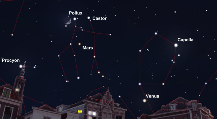 26 april: Maan bij Mars en Castor en Pollux