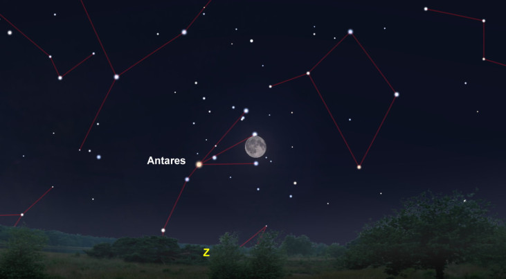 7 mei: Antares (Schorpioen) links van maan