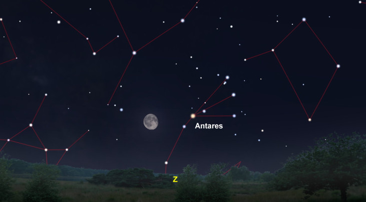 8 mei: Antares (Schorpioen) rechts van maan