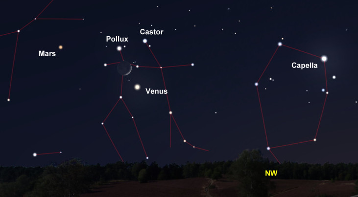 23 mei: Maan, Mars, Venus, Castor en Pollux