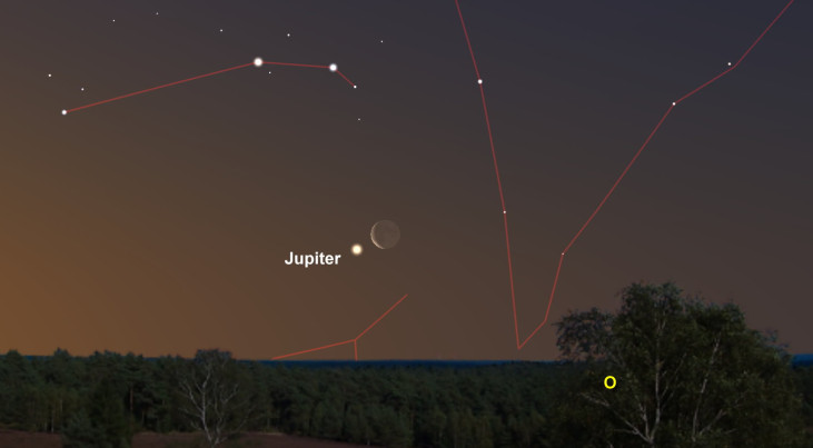 14 juni: Jupiter links van smalle maan