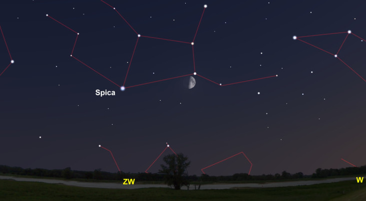 26 juni: Spica (Maagd) links van halve maan