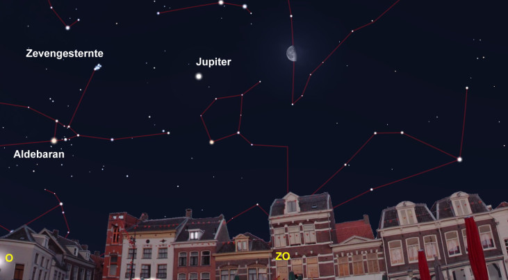 7 augustus: Jupiter links van afnemende maan