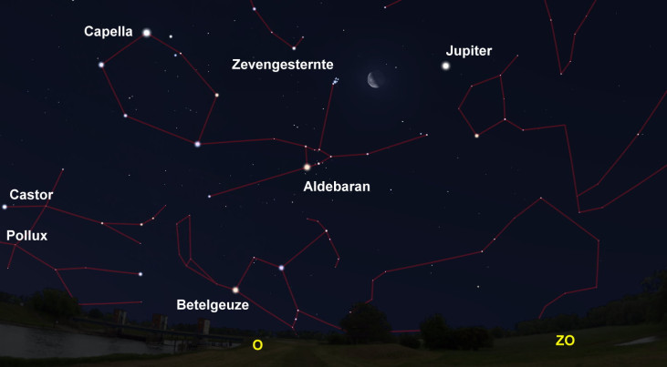 9 augustus: Jupiter, maan en Zevengesternte op een lijn