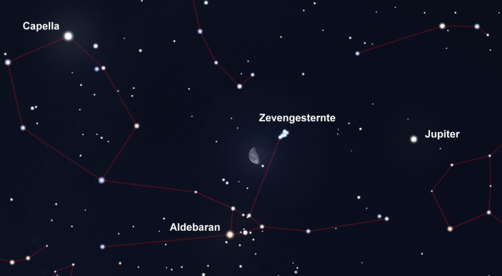 6 september: Aldebaran (Stier) linksonder maan