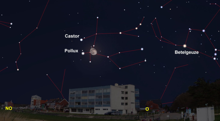 30 november: Castor en Pollux (Tweelingen) links van de maan
