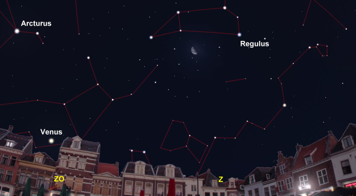 5 december: Regulus (Leeuw) rechts van halve maan