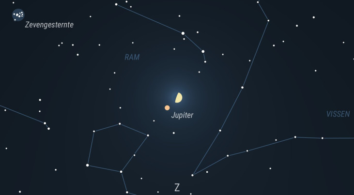 18 januari: Jupiter linksonder halve maan