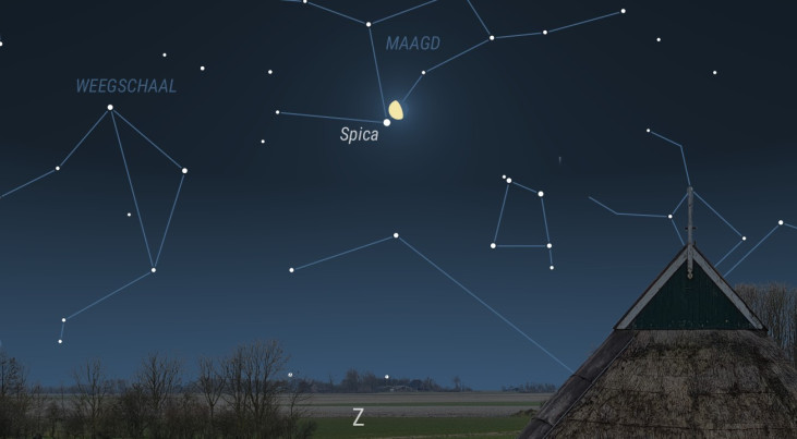 1 februari: Spica (Maagd) linksonder maan