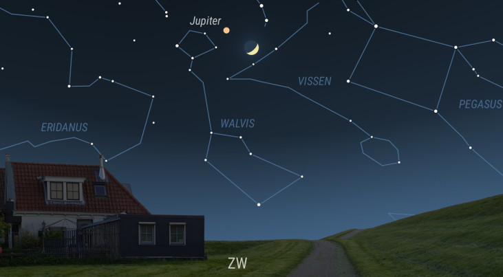 14 februari: Jupiter linksboven maan