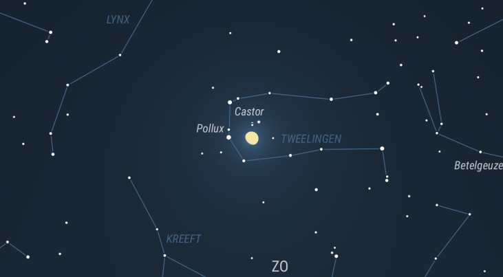 20 februari: Castor en Pollux (Tweelingen) links van maan