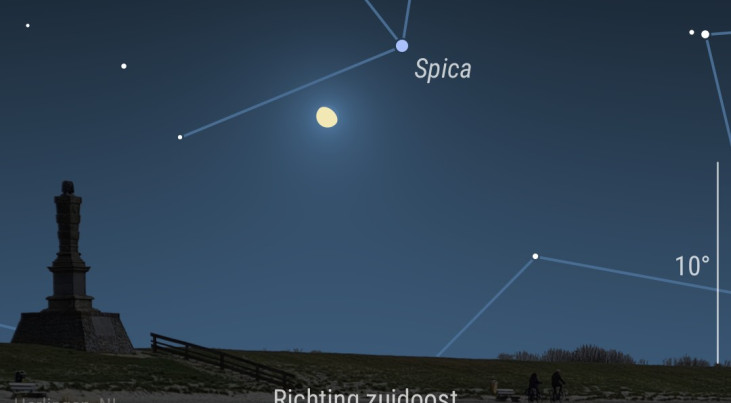 28 februari: Spica (Maagd) rechtsboven maan