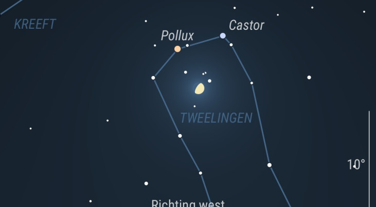 18 maart: Castor en Pollux (Tweelingen) linksbvoen maan