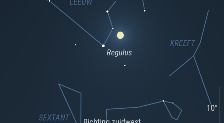 22 maart: Regulus (Leeuw) rechtsboven maan