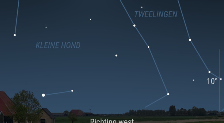 14 april: Castor en Pollux (Tweelingen) linksboven maan