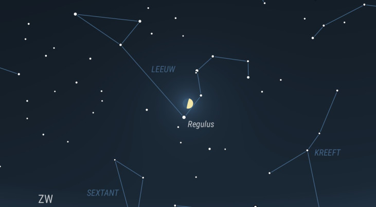 15 mei: Regulus (Leeuw) dichtbij halve maan