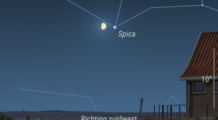 16 juni: Spica rechts van maan (verrekijker)