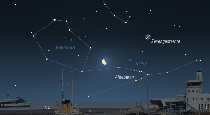 13 september: Aldebaran (Stier) rechtsonder maan