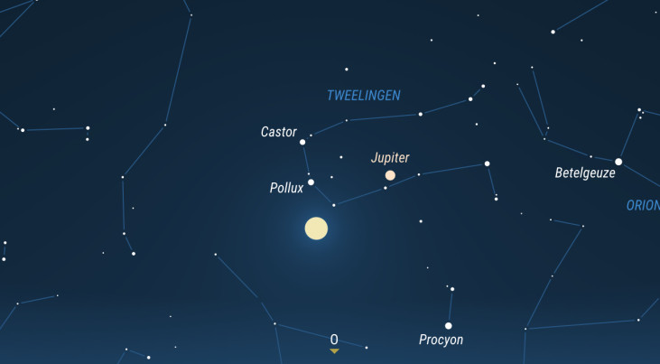 31 januari: Jupiter rechtsboven maan