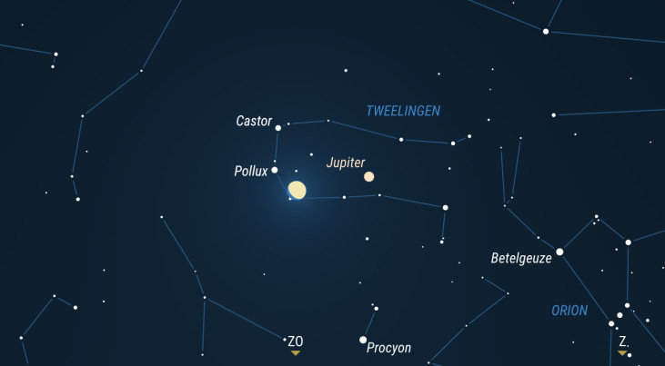 27 februari: Jupiter rechts van maan