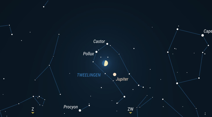 26 maart: Jupiter rechtsonder maan