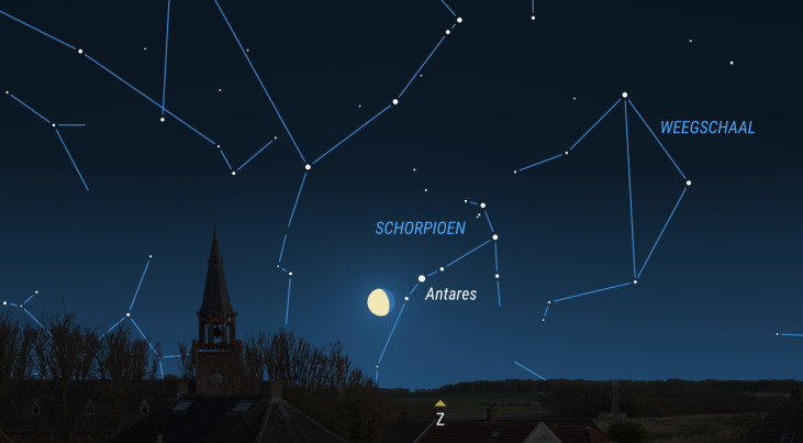 7 april: Antares (Schorpioen) rechtsboven maan