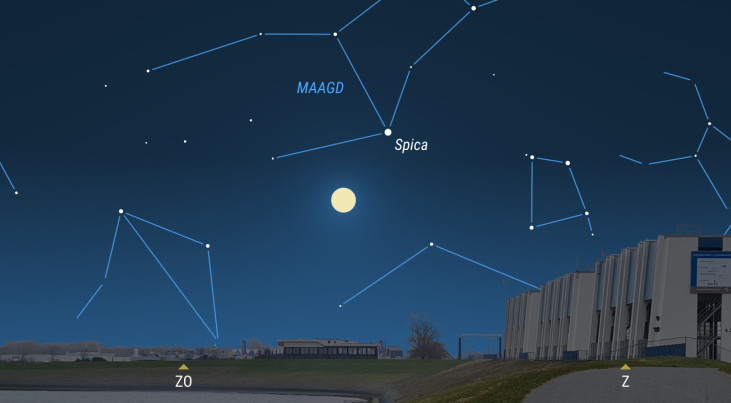 30 april: Spica (Maagd) rechtsboven maan