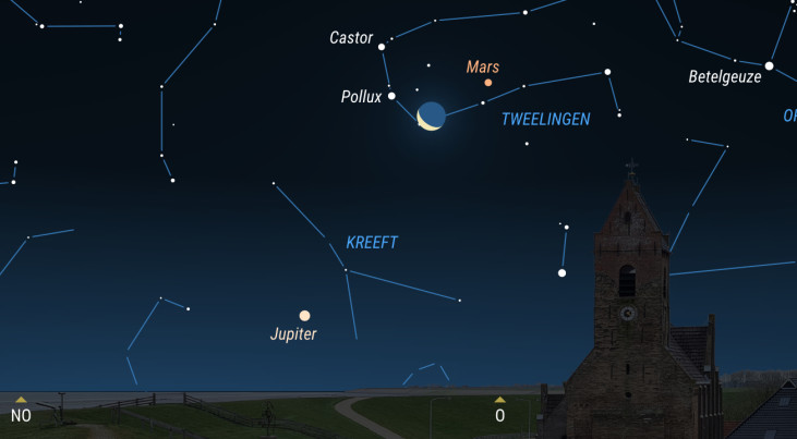 7 september: samenstand Mars, maan, Castor en Pollux