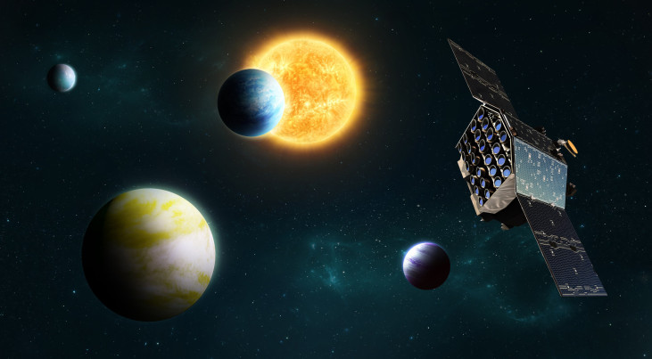 Impressie van de PLATO-ruimtesonde die exoplaneten detecteert. (c) ESA/ATG Europe