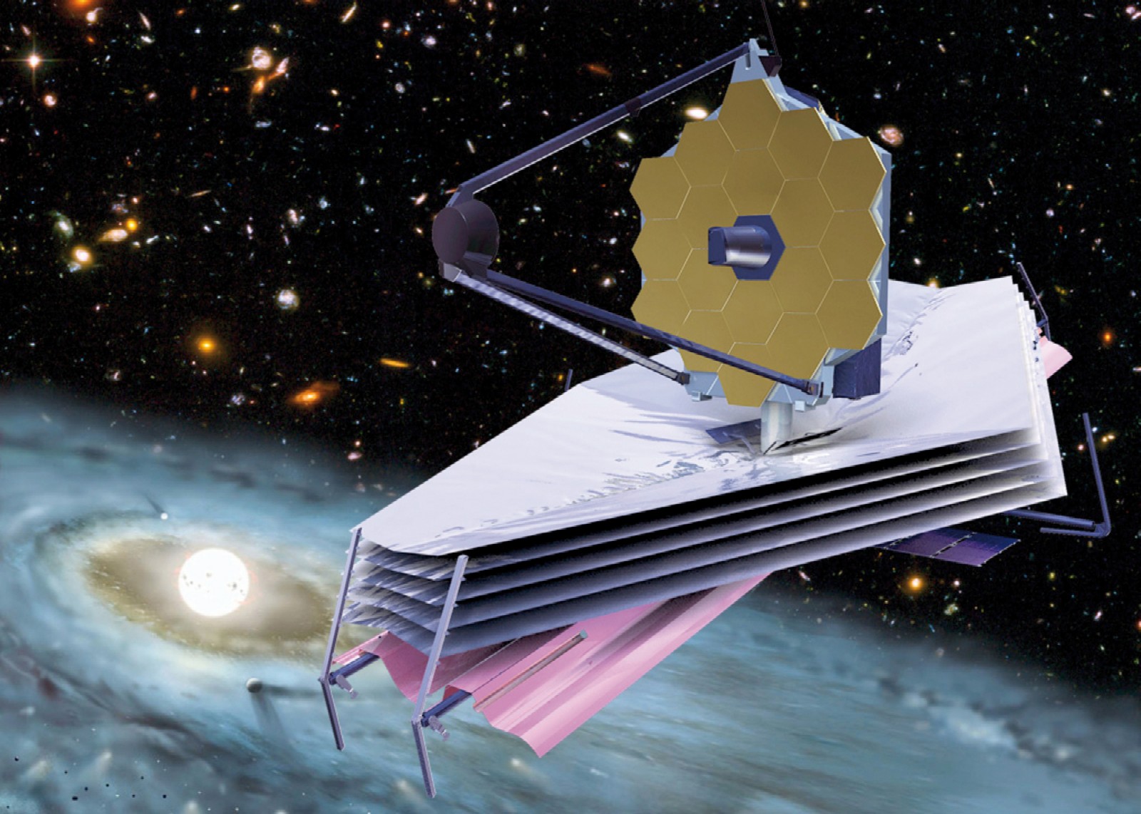 `Artist impression' van de James Webb Space Telescope. Duidelijk zichtbaar zijn de grote hoofdspiegel, bestaande uit een aantal zes-hoekige segmenten, en het gelaagde schild om de straling van de Zon af te schermen. Dit zonneschild is zo groot als een vo