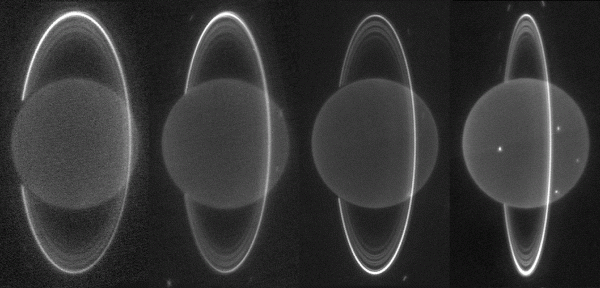 Uranus, gezien met de Keck II telescoop, op beelden uit de jaren 2001-2004. Duidelijk is te zien dat de positie van Uranus ten opzichte van de aarde verandert, zodat de ringen steeds meer van opzij te zien zijn. Op 16 augustus 2007 zijn de ringen van Uran