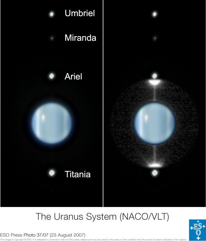 Compositiefoto van infraroodbeelden gemaakt op 16 augustus 2007 met de infraroodcamera NAOS-CONICA van ESO's Very Large Telescope in Chili. De foto links toont Uranus met vier van zijn grootste manen. Op de foto rechts is het licht uit het gebied rond Ura