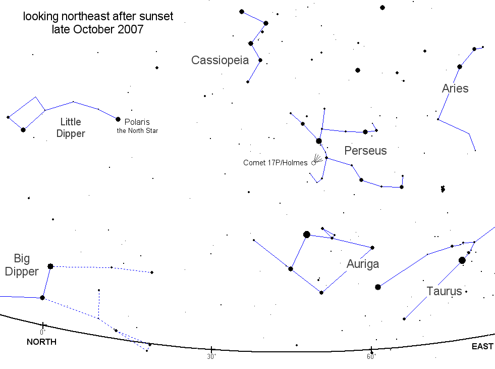 Plaats aan de hemel waar komeet Holmes te zien is. Bron: www.spaceweather.com